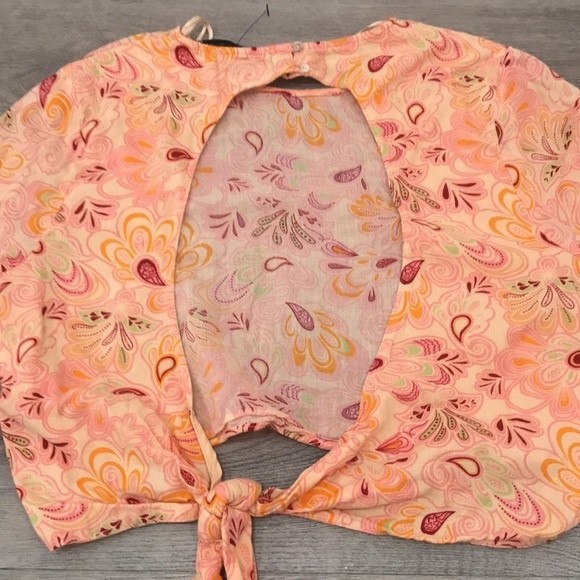 Zara Orange Paisley Open Back Cutout Flare Bell Long Sleeve Top L - Picture 11 of 15